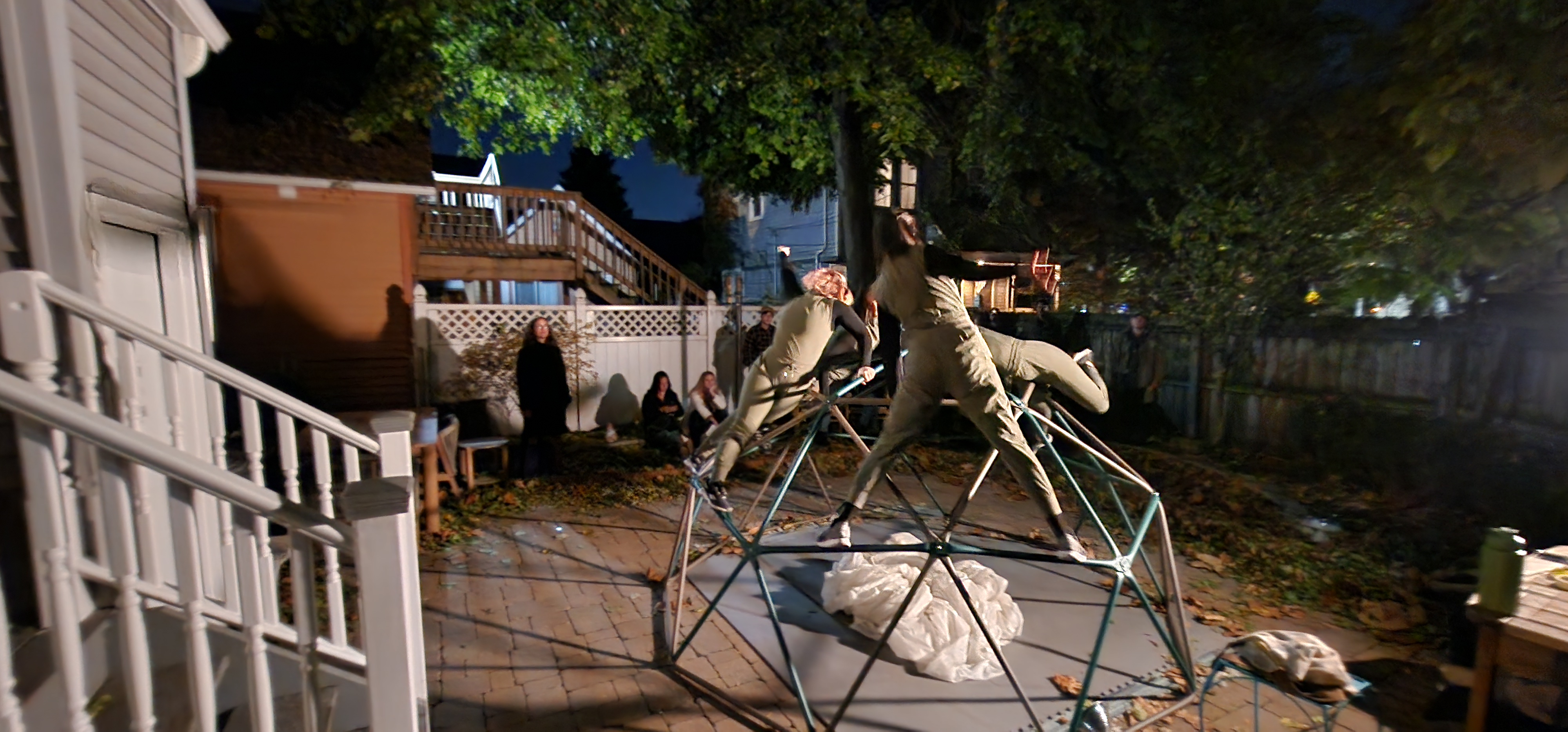 Performers on climbing dome in backyard at night